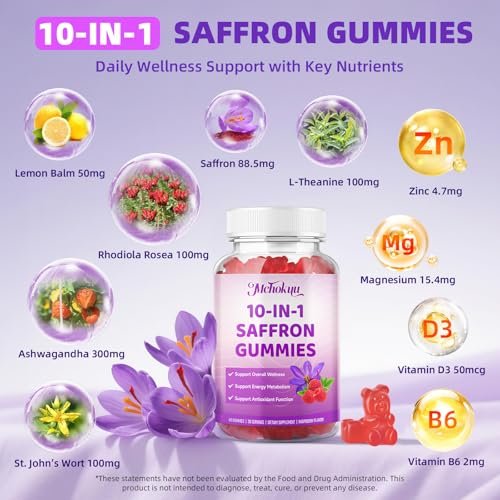 Safran Gummis für Kinder & Erwachsene – Unterstützt die Antioxidansfunktion mit Ashwagandha, L-Theanin, Rhodiola Rosea, Zitronenmelisse, Vitamin D3, B6, Magnesium & Zink – Himbeergeschmack, 120 Stück