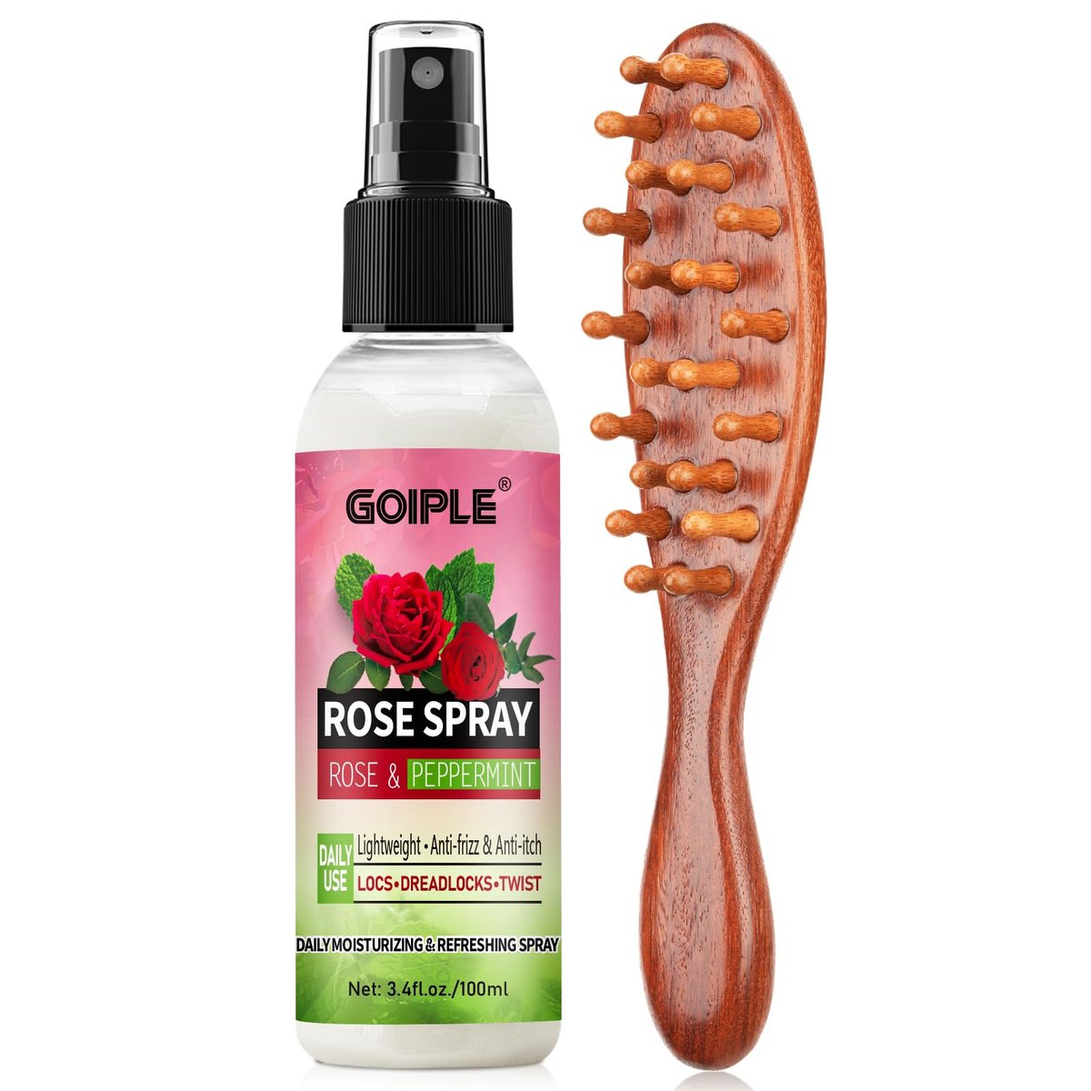 Goiple Rosenwasser für Locs – Erfrischendes Loc Spray mit Rosenwasser & Pfefferminze, Feuchtigkeitsspray für Kopfhaut und Dreadlocks, inklusive Loc Bürste und breitzinkigem Kamm (2er Pack, Sandelholz)