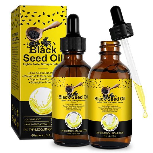 Bio Schwarzkümmelöl – 100% rein unraffiniert, naturbelassen kaltgepresst mit 2% TQ und einer dynamischen Harmonie von Omega 3, 6, 9 Antioxidantien, Immununterstützung, Gelenke, Haut & Haare 2,02 Fl Oz (2er Pack)