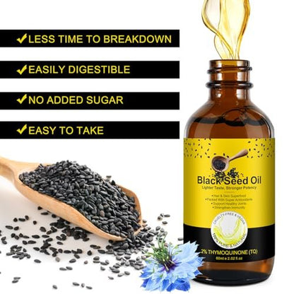 Bio Schwarzkümmelöl – 100% rein unraffiniert, naturbelassen kaltgepresst mit 2% TQ und einer dynamischen Harmonie von Omega 3, 6, 9 Antioxidantien, Immununterstützung, Gelenke, Haut & Haare 2,02 Fl Oz (2er Pack)