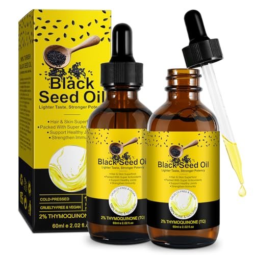Bio Schwarzkümmelöl – 100% rein unraffiniert, naturbelassen kaltgepresst mit 2% TQ und einer dynamischen Harmonie von Omega 3, 6, 9 Antioxidantien, Immununterstützung, Gelenke, Haut & Haare 2,02 Fl Oz (2er Pack)
