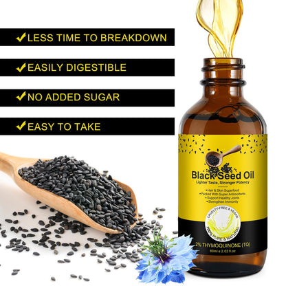 Bio Schwarzkümmelöl – 100% rein unraffiniert, naturbelassen kaltgepresst mit 2% TQ und einer dynamischen Harmonie von Omega 3, 6, 9 Antioxidantien, Immununterstützung, Gelenke, Haut & Haare 2,02 Fl Oz (2er Pack)