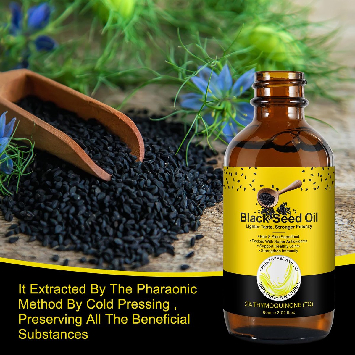 Bio Schwarzkümmelöl – 100% rein unraffiniert, naturbelassen kaltgepresst mit 2% TQ und einer dynamischen Harmonie von Omega 3, 6, 9 Antioxidantien, Immununterstützung, Gelenke, Haut & Haare 2,02 Fl Oz (2er Pack)