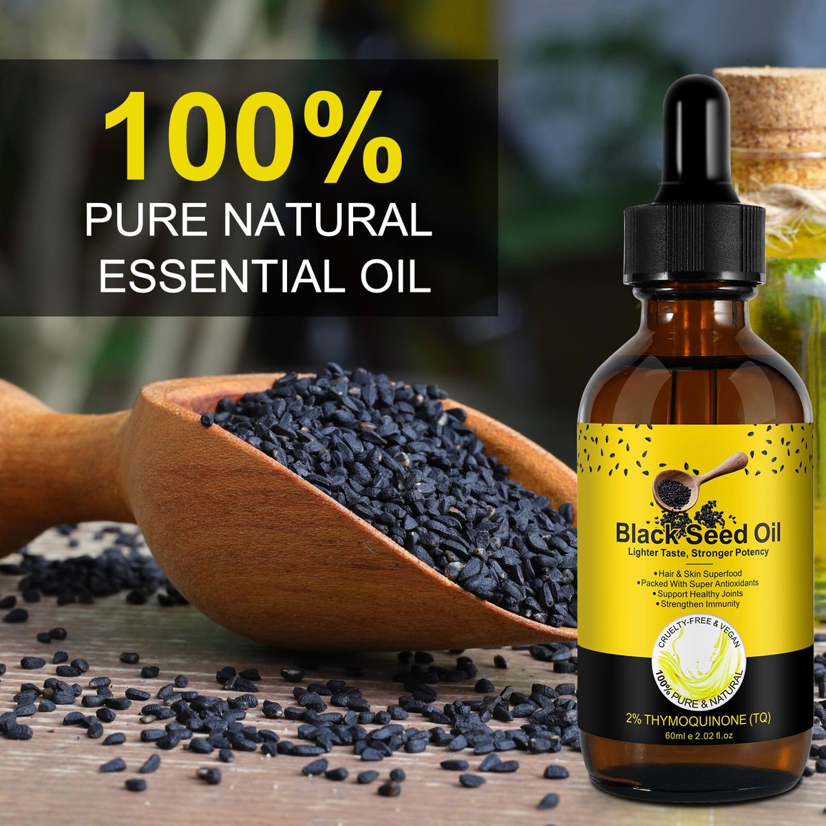 Bio Schwarzkümmelöl – 100% rein unraffiniert, naturbelassen kaltgepresst mit 2% TQ und einer dynamischen Harmonie von Omega 3, 6, 9 Antioxidantien, Immununterstützung, Gelenke, Haut & Haare 2,02 Fl Oz (2er Pack)