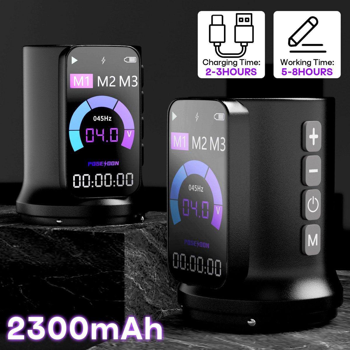 Poseidon Tattoo Gun Kit 7-Stufen-Hublänge Tätowiermaschine Set mit 2x 2300mAh Akku, 20 Tattoo Cartridge Nadeln, 11 Tattoo Farben – Komplettes Tattoo-Pen-Set für Anfänger und Künstler