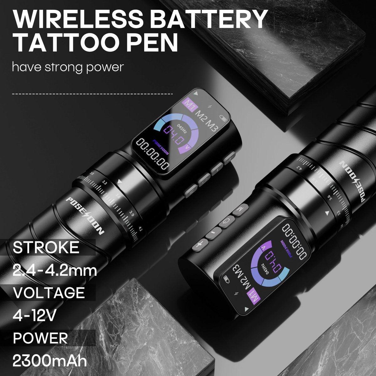 Poseidon Tattoo Gun Kit 7-Stufen-Hublänge Tätowiermaschine Set mit 2x 2300mAh Akku, 20 Tattoo Cartridge Nadeln, 11 Tattoo Farben – Komplettes Tattoo-Pen-Set für Anfänger und Künstler