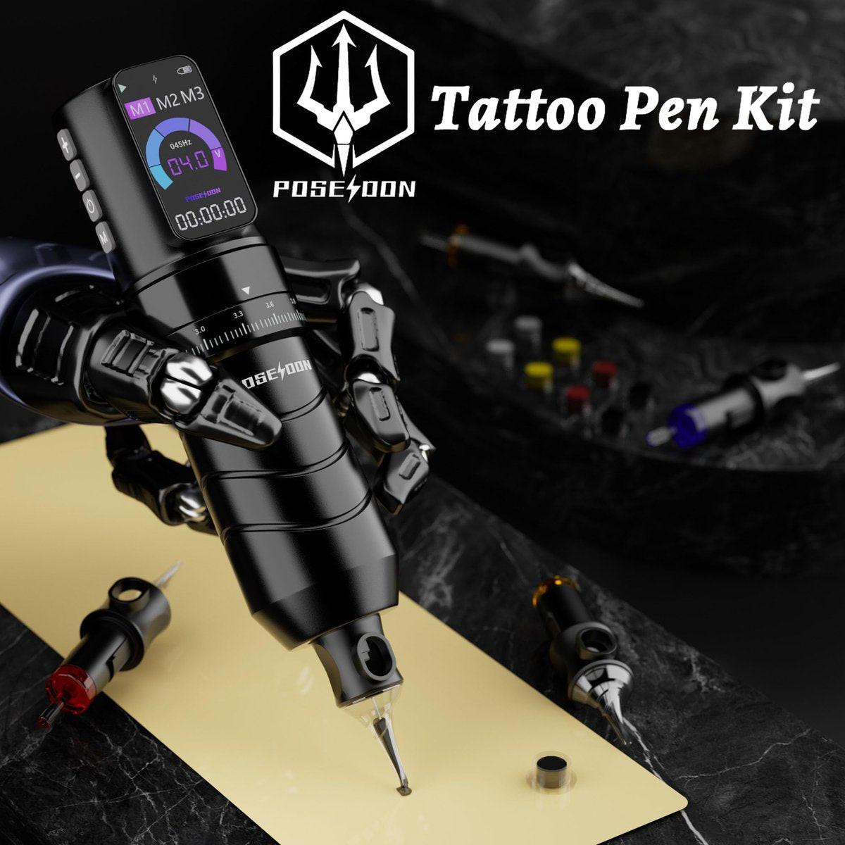 Poseidon Tattoo Gun Kit 7-Stufen-Hublänge Tätowiermaschine Set mit 2x 2300mAh Akku, 20 Tattoo Cartridge Nadeln, 11 Tattoo Farben – Komplettes Tattoo-Pen-Set für Anfänger und Künstler
