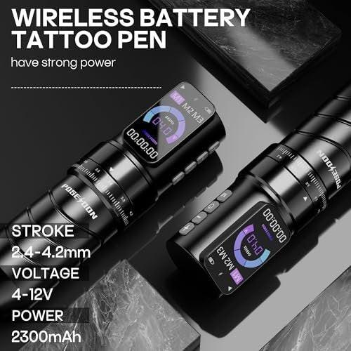Poseidon Tattoo Gun Kit 7-Stufen-Hublänge Tätowiermaschine Set mit 2x 2300mAh Akku, 20 Tattoo Cartridge Nadeln, 11 Tattoo Farben – Komplettes Tattoo-Pen-Set für Anfänger und Künstler