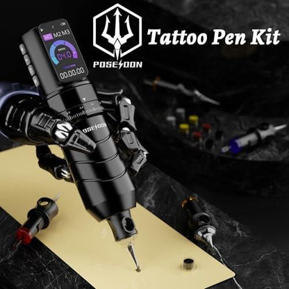 Poseidon Tattoo Gun Kit 7-Stufen-Hublänge Tätowiermaschine Set mit 2x 2300mAh Akku, 20 Tattoo Cartridge Nadeln, 11 Tattoo Farben – Komplettes Tattoo-Pen-Set für Anfänger und Künstler