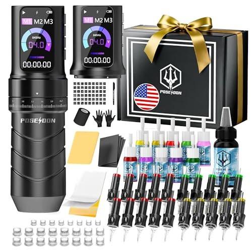 Poseidon Tattoo Gun Kit 7-Stufen-Hublänge Tätowiermaschine Set mit 2x 2300mAh Akku, 20 Tattoo Cartridge Nadeln, 11 Tattoo Farben – Komplettes Tattoo-Pen-Set für Anfänger und Künstler