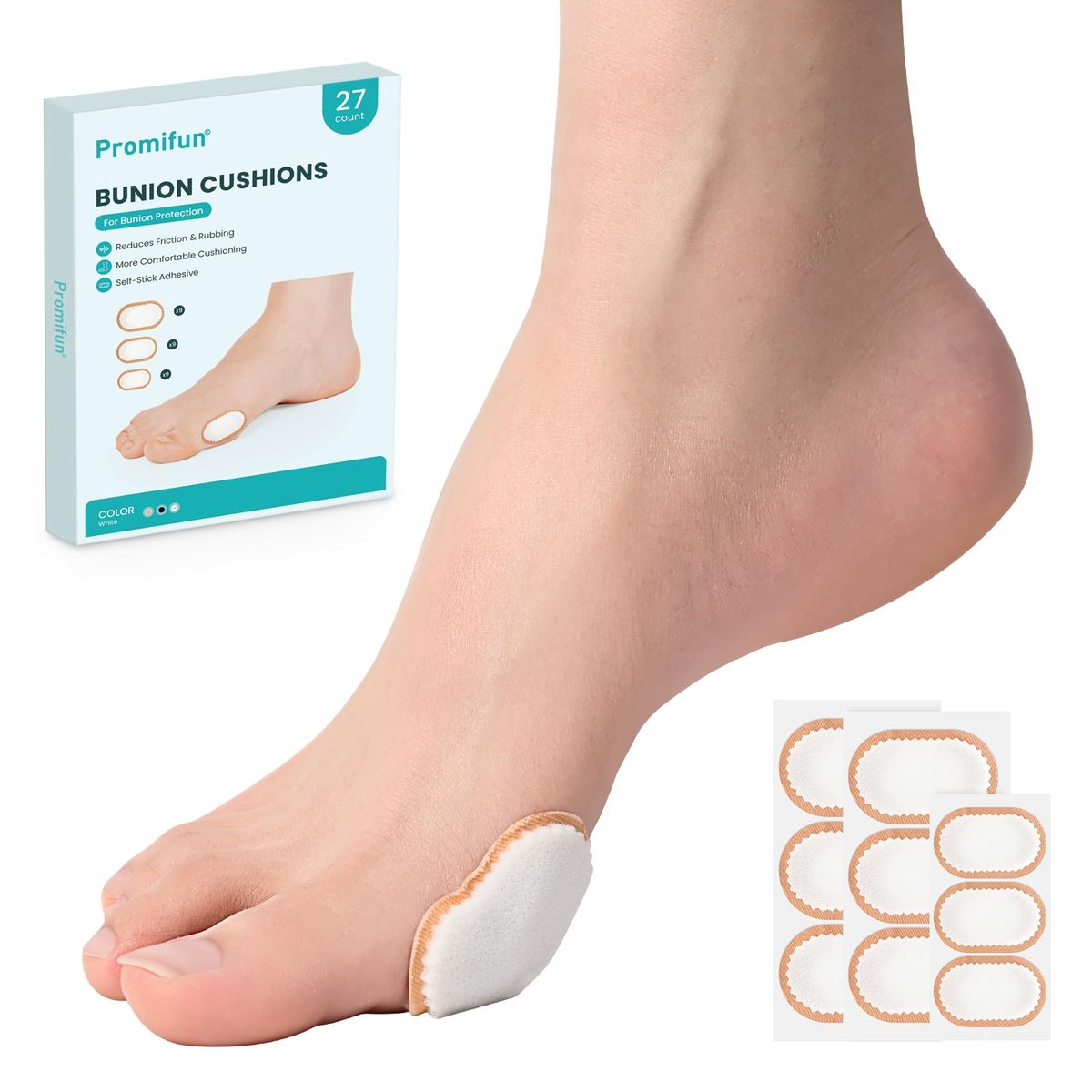 Promifun Foam Bunionenpads zum Tragen mit Schuhen - 27 Stück Ballenzehenkissen - Moleskin schützt die Füße für Damen und Herren - Klebemitte (Mehrfachgrößen)