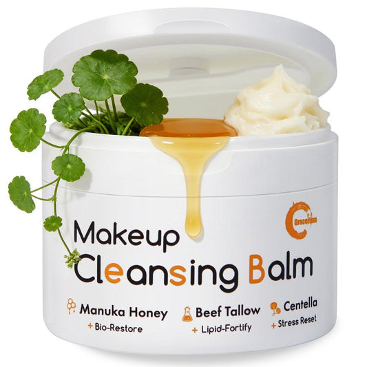 Grocerism Reinigungsbalsam Make-up Entferner, Manuka Honig & Grass-Fed Tallow mit beruhigender Cica (Centella), schmilzt wasserfestes Mascara & SPF, nicht komedogen für empfindliche trockene Haut & Augen, 100 g