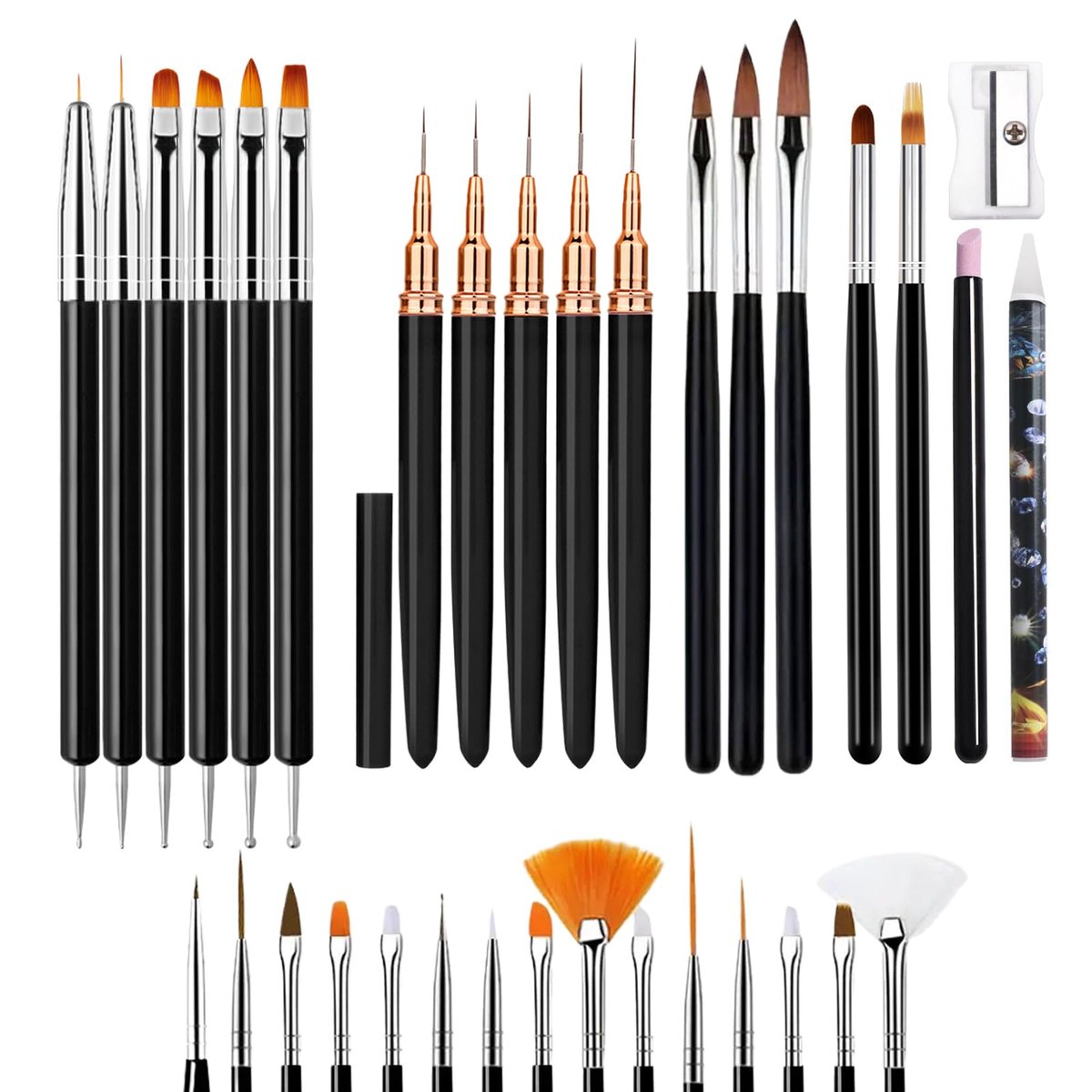 LIGHT RAIN 34-teiliges Nagelkunst-Pinselset - Komplettes Set mit Dotting-Tool, Liner-Pinseln, Acryl-Pinseln, Ombre-Pinsel, Nagelhautwerkzeug, Strassstein-Aufnehmerstift für Anfänger bis Profi