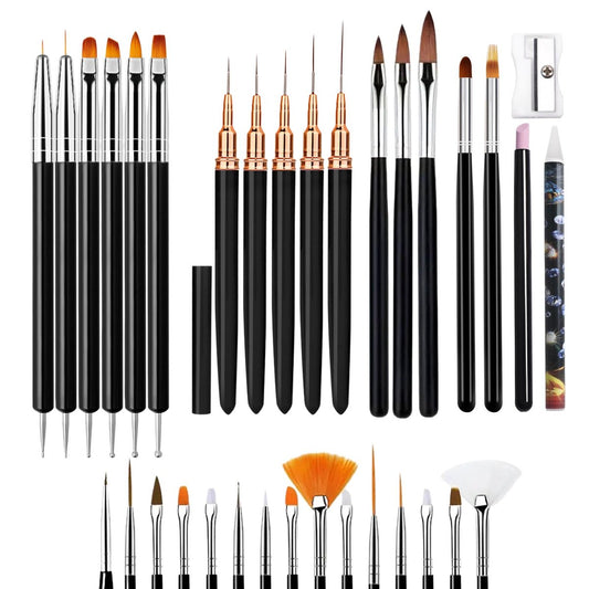 LIGHT RAIN 34-teiliges Nagelkunst-Pinselset - Komplettes Set mit Dotting-Tool, Liner-Pinseln, Acryl-Pinseln, Ombre-Pinsel, Nagelhautwerkzeug, Strassstein-Aufnehmerstift für Anfänger bis Profi
