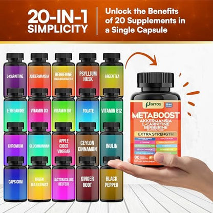 GLP-1 Booster Supplement – 20-in-1 pflanzliche Kapseln mit Akkermansia, L-Carnitin, Berberin (GlucoVantage), Methylfolat, methyliertes B12, Chrom, Capsimax, Flohsamenschalen, Probiotika, Vitamin D3, B6 – 60 Kapseln