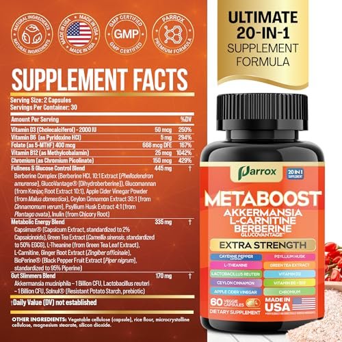 GLP-1 Booster Supplement – 20-in-1 pflanzliche Kapseln mit Akkermansia, L-Carnitin, Berberin (GlucoVantage), Methylfolat, methyliertes B12, Chrom, Capsimax, Flohsamenschalen, Probiotika, Vitamin D3, B6 – 60 Kapseln
