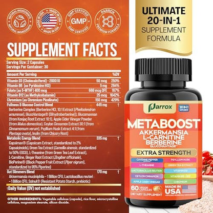 GLP-1 Booster Supplement – 20-in-1 pflanzliche Kapseln mit Akkermansia, L-Carnitin, Berberin (GlucoVantage), Methylfolat, methyliertes B12, Chrom, Capsimax, Flohsamenschalen, Probiotika, Vitamin D3, B6 – 60 Kapseln