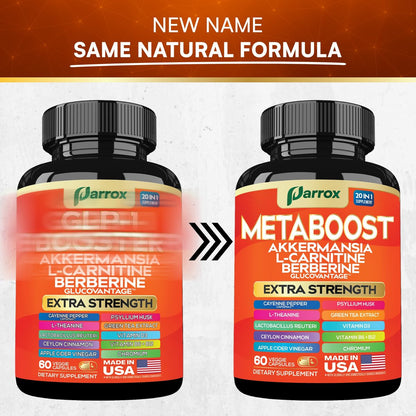 GLP-1 Booster Supplement – 20-in-1 pflanzliche Kapseln mit Akkermansia, L-Carnitin, Berberin (GlucoVantage), Methylfolat, methyliertes B12, Chrom, Capsimax, Flohsamenschalen, Probiotika, Vitamin D3, B6 – 60 Kapseln