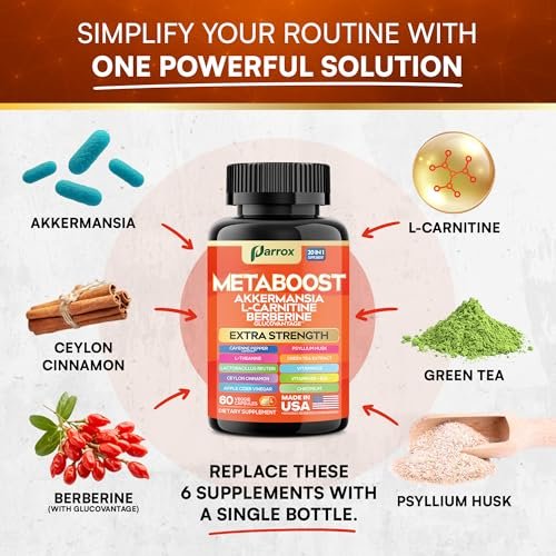 GLP-1 Booster Supplement – 20-in-1 pflanzliche Kapseln mit Akkermansia, L-Carnitin, Berberin (GlucoVantage), Methylfolat, methyliertes B12, Chrom, Capsimax, Flohsamenschalen, Probiotika, Vitamin D3, B6 – 60 Kapseln