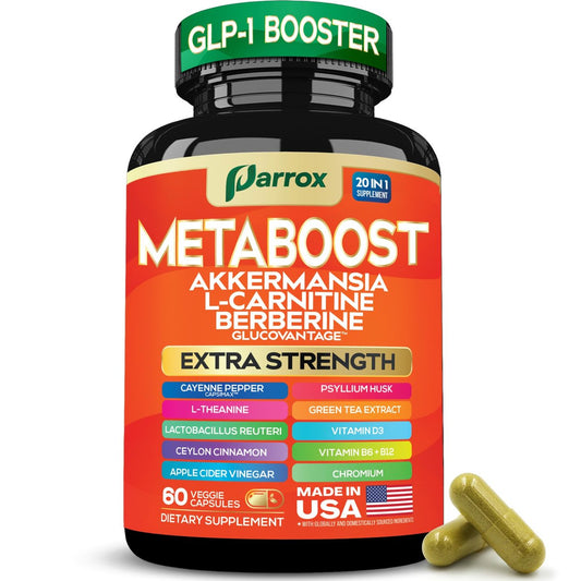 GLP-1 Booster Supplement – 20-in-1 pflanzliche Kapseln mit Akkermansia, L-Carnitin, Berberin (GlucoVantage), Methylfolat, methyliertes B12, Chrom, Capsimax, Flohsamenschalen, Probiotika, Vitamin D3, B6 – 60 Kapseln