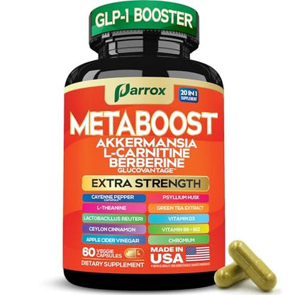 GLP-1 Booster Supplement – 20-in-1 pflanzliche Kapseln mit Akkermansia, L-Carnitin, Berberin (GlucoVantage), Methylfolat, methyliertes B12, Chrom, Capsimax, Flohsamenschalen, Probiotika, Vitamin D3, B6 – 60 Kapseln