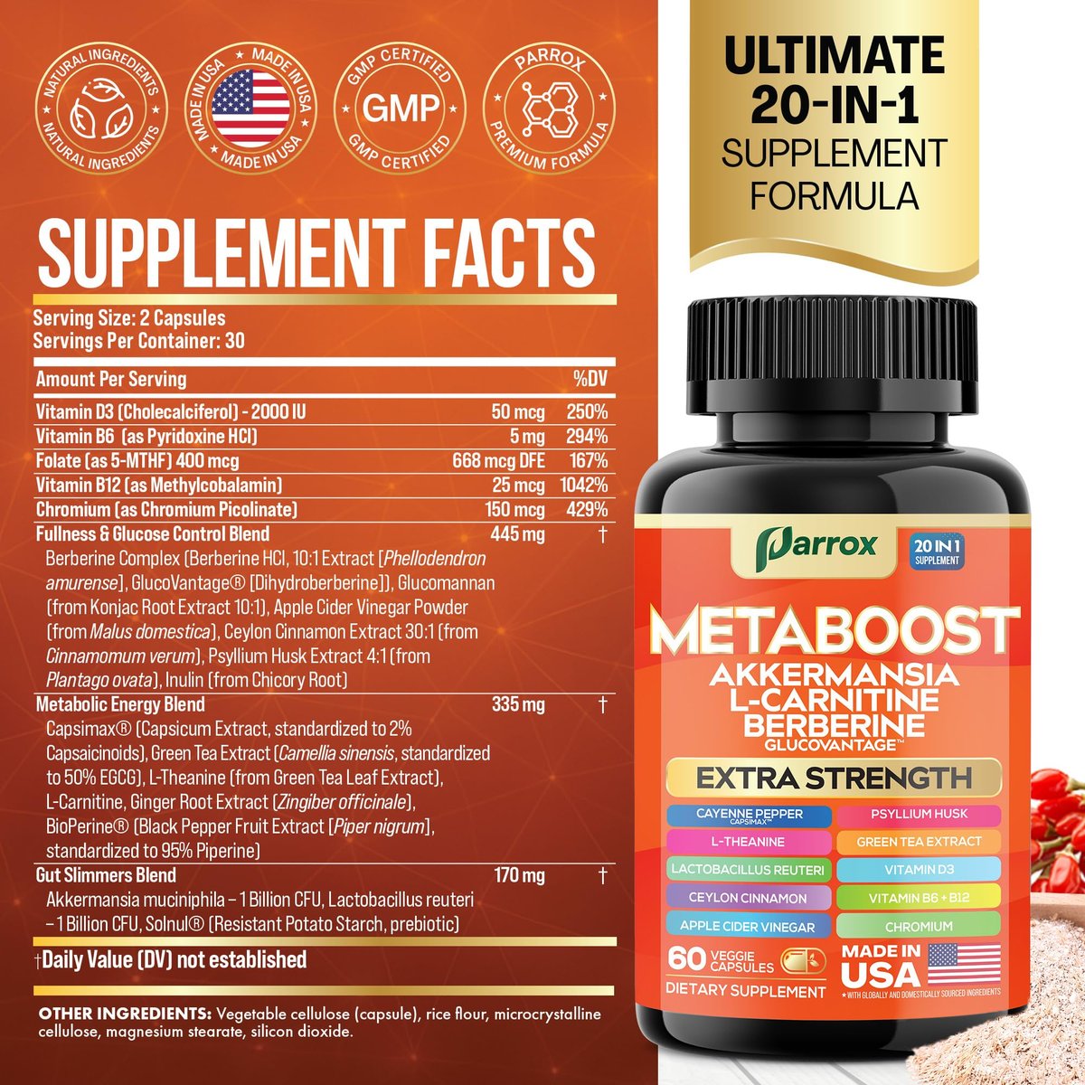 GLP-1 Booster Supplement – 20-in-1 pflanzliche Kapseln mit Akkermansia, L-Carnitin, Berberin (GlucoVantage), Methylfolat, methyliertes B12, Chrom, Capsimax, Flohsamenschalen, Probiotika, Vitamin D3, B6 – 60 Kapseln
