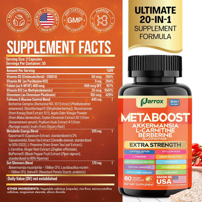 GLP-1 Booster Supplement – 20-in-1 pflanzliche Kapseln mit Akkermansia, L-Carnitin, Berberin (GlucoVantage), Methylfolat, methyliertes B12, Chrom, Capsimax, Flohsamenschalen, Probiotika, Vitamin D3, B6 – 60 Kapseln