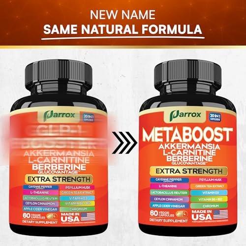 GLP-1 Booster Supplement – 20-in-1 pflanzliche Kapseln mit Akkermansia, L-Carnitin, Berberin (GlucoVantage), Methylfolat, methyliertes B12, Chrom, Capsimax, Flohsamenschalen, Probiotika, Vitamin D3, B6 – 60 Kapseln