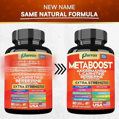 GLP-1 Booster Supplement – 20-in-1 pflanzliche Kapseln mit Akkermansia, L-Carnitin, Berberin (GlucoVantage), Methylfolat, methyliertes B12, Chrom, Capsimax, Flohsamenschalen, Probiotika, Vitamin D3, B6 – 60 Kapseln