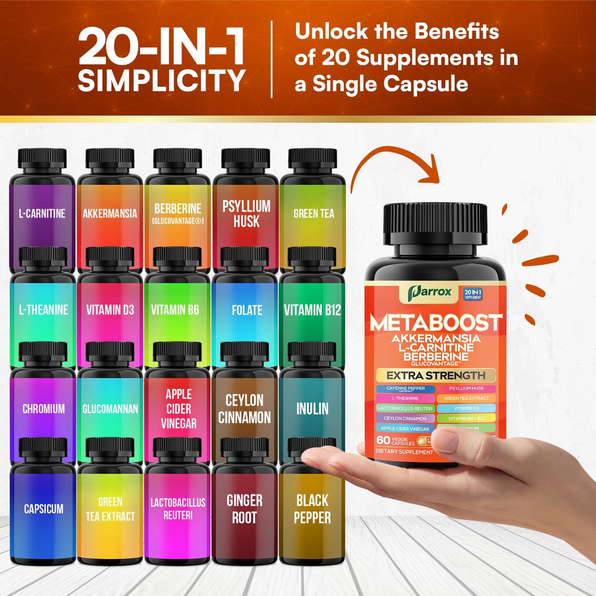 GLP-1 Booster Supplement – 20-in-1 pflanzliche Kapseln mit Akkermansia, L-Carnitin, Berberin (GlucoVantage), Methylfolat, methyliertes B12, Chrom, Capsimax, Flohsamenschalen, Probiotika, Vitamin D3, B6 – 60 Kapseln
