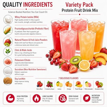 ProtiFit High Protein Fruchtpulver Mix, 15g Protein, Zuckerfrei, Kalorienarm, Ideal Protein kompatibel, 7 Portionen (Variety Pack)