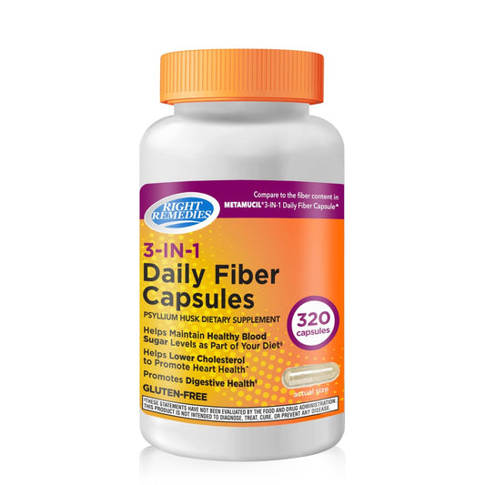 RIGHT REMEDIES 3-in-1 Tägliche Ballaststoffkapseln – Flohsamenschalen 500mg, pflanzliches Nahrungsergänzungsmittel (320 Kapseln) für die Verdauungsgesundheit
