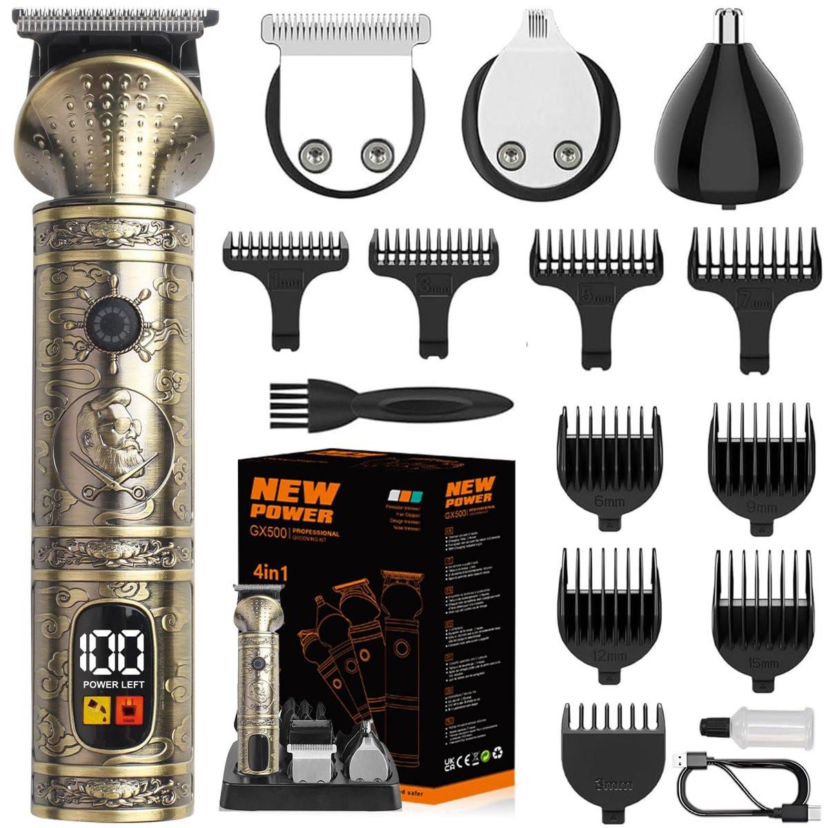 NuvaConx Trimmer Kit Profi-Haarschneider mit Nullspalt-T-Klinge, Elektrorasierer, Nasen- und Körperhaartrimmer für Herren, kabelloses Pflegeset 4-in-1, Bronze