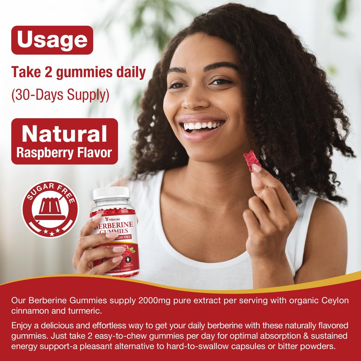 Yikecao 2000mg Berberin Gummis mit Ceylon-Zimt, Bio Berberin HCL Nahrungsergänzungsmittel für Frauen & Männer, Zuckerfrei, Vegan, Ohne Gentechnik, Glutenfrei, Himbeergeschmack - 60 Stück
