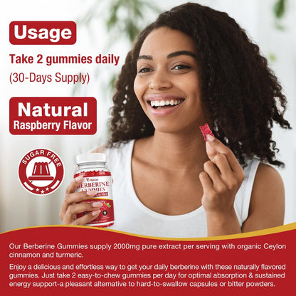 Yikecao 2000mg Berberin Gummis mit Ceylon-Zimt, Bio Berberin HCL Nahrungsergänzungsmittel für Frauen & Männer, Zuckerfrei, Vegan, Ohne Gentechnik, Glutenfrei, Himbeergeschmack - 60 Stück
