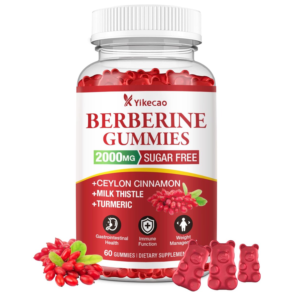 Yikecao 2000mg Berberin Gummis mit Ceylon-Zimt, Bio Berberin HCL Nahrungsergänzungsmittel für Frauen & Männer, Zuckerfrei, Vegan, Ohne Gentechnik, Glutenfrei, Himbeergeschmack - 60 Stück