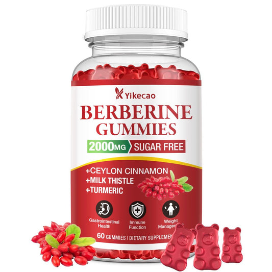 Yikecao 2000mg Berberin Gummis mit Ceylon-Zimt, Bio Berberin HCL Nahrungsergänzungsmittel für Frauen & Männer, Zuckerfrei, Vegan, Ohne Gentechnik, Glutenfrei, Himbeergeschmack - 60 Stück