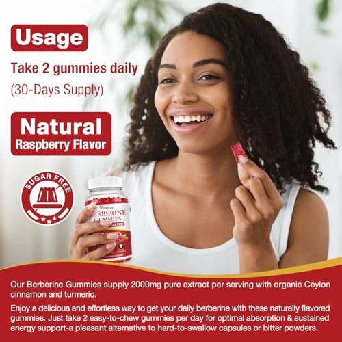 Yikecao 2000mg Berberin Gummis mit Ceylon-Zimt, Bio Berberin HCL Nahrungsergänzungsmittel für Frauen & Männer, Zuckerfrei, Vegan, Ohne Gentechnik, Glutenfrei, Himbeergeschmack - 60 Stück