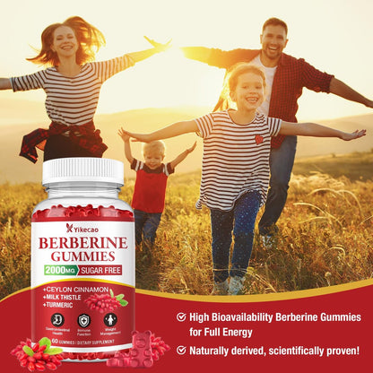 Yikecao 2000mg Berberin Gummis mit Ceylon-Zimt, Bio Berberin HCL Nahrungsergänzungsmittel für Frauen & Männer, Zuckerfrei, Vegan, Ohne Gentechnik, Glutenfrei, Himbeergeschmack - 60 Stück