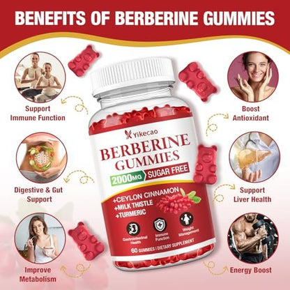 Yikecao 2000mg Berberin Gummis mit Ceylon-Zimt, Bio Berberin HCL Nahrungsergänzungsmittel für Frauen & Männer, Zuckerfrei, Vegan, Ohne Gentechnik, Glutenfrei, Himbeergeschmack - 60 Stück