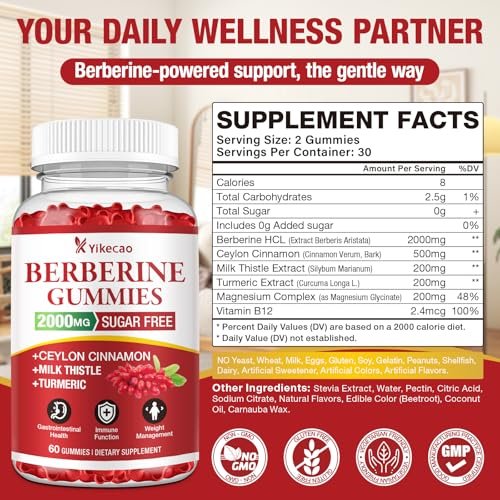 Yikecao 2000mg Berberin Gummis mit Ceylon-Zimt, Bio Berberin HCL Nahrungsergänzungsmittel für Frauen & Männer, Zuckerfrei, Vegan, Ohne Gentechnik, Glutenfrei, Himbeergeschmack - 60 Stück