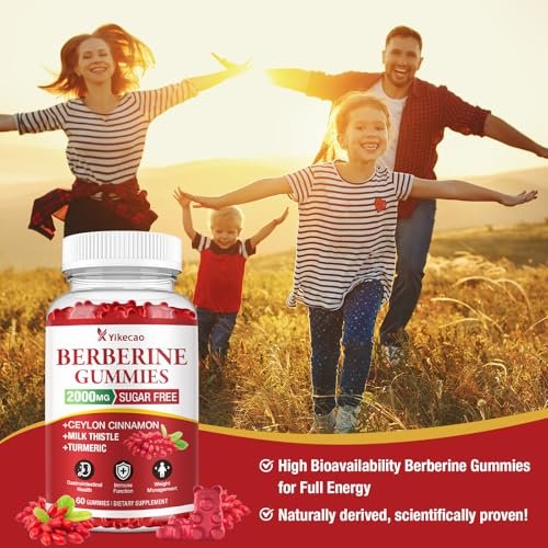 Yikecao 2000mg Berberin Gummis mit Ceylon-Zimt, Bio Berberin HCL Nahrungsergänzungsmittel für Frauen & Männer, Zuckerfrei, Vegan, Ohne Gentechnik, Glutenfrei, Himbeergeschmack - 60 Stück