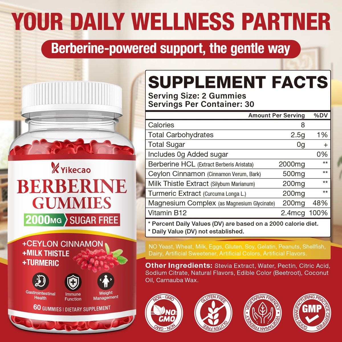 Yikecao 2000mg Berberin Gummis mit Ceylon-Zimt, Bio Berberin HCL Nahrungsergänzungsmittel für Frauen & Männer, Zuckerfrei, Vegan, Ohne Gentechnik, Glutenfrei, Himbeergeschmack - 60 Stück