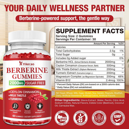 Yikecao 2000mg Berberin Gummis mit Ceylon-Zimt, Bio Berberin HCL Nahrungsergänzungsmittel für Frauen & Männer, Zuckerfrei, Vegan, Ohne Gentechnik, Glutenfrei, Himbeergeschmack - 60 Stück
