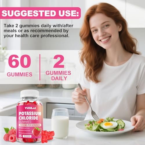 Kalium Gummibärchen, Kaliumchlorid Gummibärchen 1200 mg für Erwachsene, Zuckerfreies Kaliumpräparat gegen Beinkrämpfe und Elektrolytgleichgewicht, Himbeergeschmack, 60 Stück