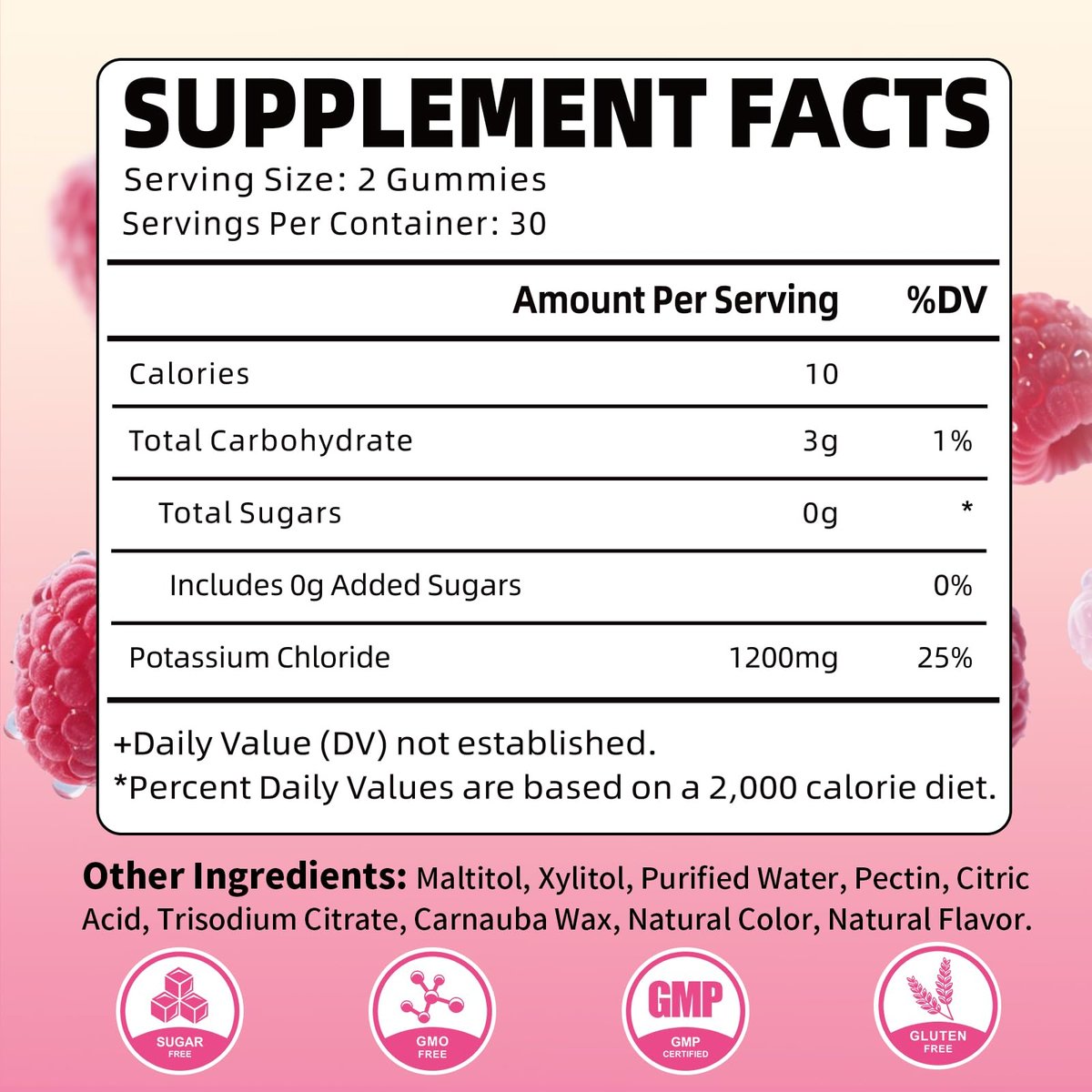 Kalium Gummibärchen, Kaliumchlorid Gummibärchen 1200 mg für Erwachsene, Zuckerfreies Kaliumpräparat gegen Beinkrämpfe und Elektrolytgleichgewicht, Himbeergeschmack, 60 Stück