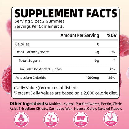 Kalium Gummibärchen, Kaliumchlorid Gummibärchen 1200 mg für Erwachsene, Zuckerfreies Kaliumpräparat gegen Beinkrämpfe und Elektrolytgleichgewicht, Himbeergeschmack, 60 Stück