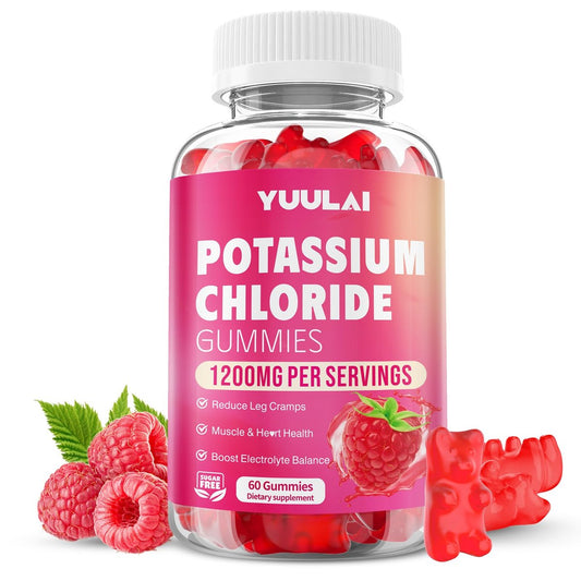 Kalium Gummibärchen, Kaliumchlorid Gummibärchen 1200 mg für Erwachsene, Zuckerfreies Kaliumpräparat gegen Beinkrämpfe und Elektrolytgleichgewicht, Himbeergeschmack, 60 Stück
