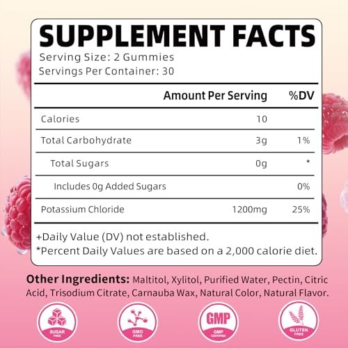 Kalium Gummibärchen, Kaliumchlorid Gummibärchen 1200 mg für Erwachsene, Zuckerfreies Kaliumpräparat gegen Beinkrämpfe und Elektrolytgleichgewicht, Himbeergeschmack, 60 Stück