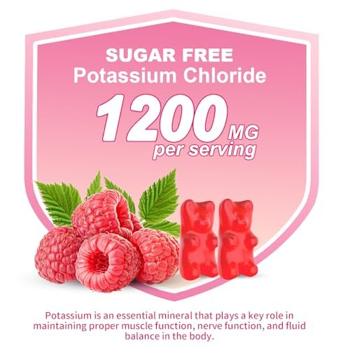 Kalium Gummibärchen, Kaliumchlorid Gummibärchen 1200 mg für Erwachsene, Zuckerfreies Kaliumpräparat gegen Beinkrämpfe und Elektrolytgleichgewicht, Himbeergeschmack, 60 Stück
